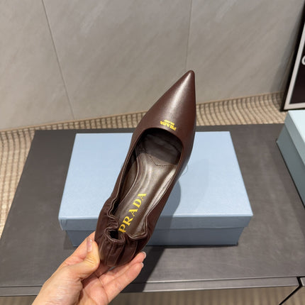 PRADA 26S POINTED TOE PUMPS 55MM IN DARK BROWN SHEEPSKIN WITH LOGO