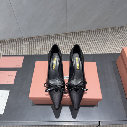 MIUMIU 26S POINTED TOE PUMPS 55MM IN BLACK CALFSKIN WITH BOW