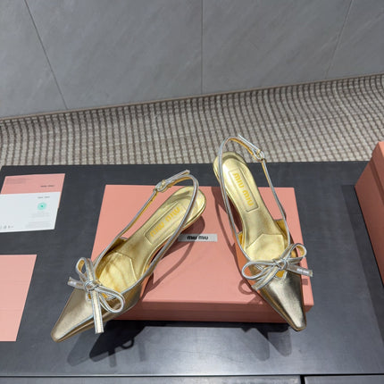 MIUMIU 26S SLINGBACK 55MM IN GOLD CALFSKIN WITH BOW