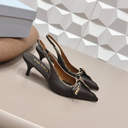 PRADA 26S POINTED TOE SLINGBACK HIGH HEELS 55MM IN BLACK CALFSKIN WITH BOW