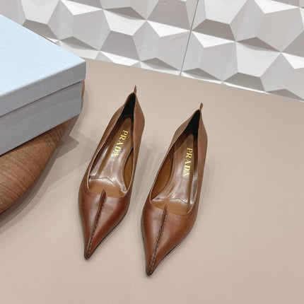 PRADA 26S POINTED TOE HIGH HEELS 55MM IN BROWN CALFSKIN