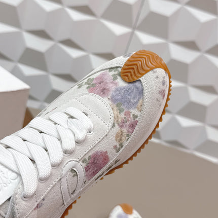 LOEWE 26S FLOW RUNNER SNEAKER IN WHITE FLORAL PATTERN SUEDE AND CALFSKIN