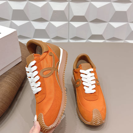 LOEWE 26S FLOW RUNNER SNEAKER IN ORANGE SUEDE AND BROWN CALFSKIN