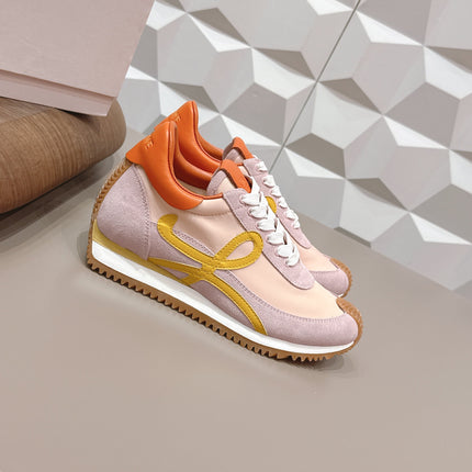 LOEWE 26S FLOW RUNNER SNEAKER IN LIGHT PINK SUEDE AND ORANGE CALFSKIN