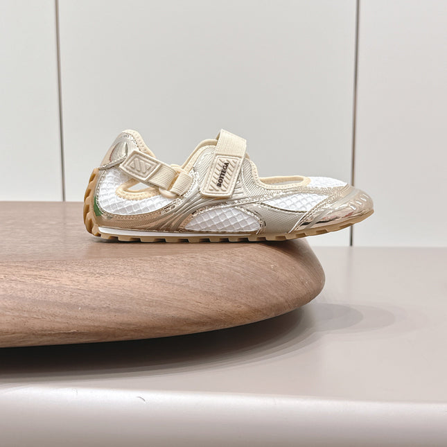 BOTTEGA VENETA 26S ORBIT FLASH MARY JANE IN BEIGE AND WHITE BREATHABLE MESH