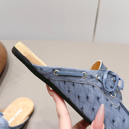 MIUMIU 26S LOAFER MULES IN BLUE CALFSKIN