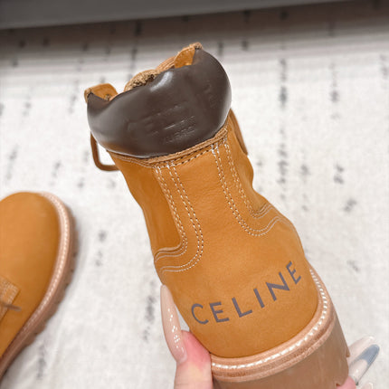 CELINE 26S LACE UP ANKLE BOOTS 40 MM IN TAN SUEDE AND BROWN CALFSKIN
