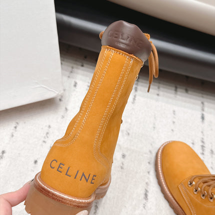 CELINE 26S LACE UP KNEE HIGH BOOTS 40 MM IN TAN SUEDE AND BROWN CALFSKIN