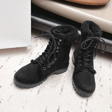 CELINE 26S LACE UP ANKLE BOOTS 40 MM IN BLACK SUEDE AND SHEARLING