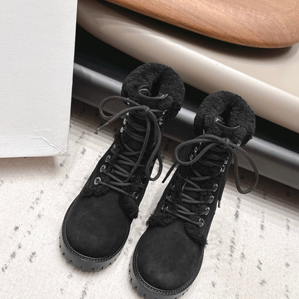 CELINE 26S LACE UP ANKLE BOOTS 40 MM IN BLACK SUEDE AND SHEARLING