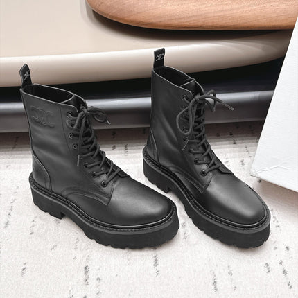 CELINE 26S LACE UP KNEE HIGH BOOTS 50 MM IN BLACK CALFSKIN
