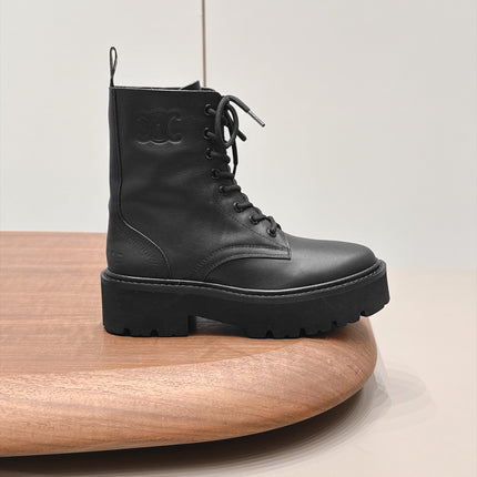 CELINE 26S LACE UP KNEE HIGH BOOTS 50 MM IN BLACK CALFSKIN