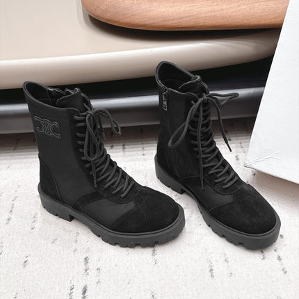 CELINE 26S LACE UP KNEE HIGH BOOTS 35 MM IN BLACK SUEDE AND FABRIC