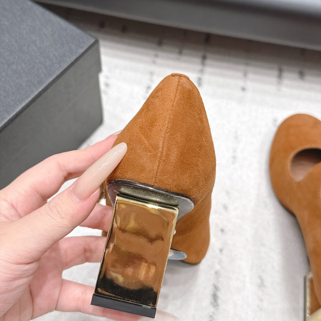 CHANEL 26S MARY JANE BLOCK HEEL PUMPS 80 MM IN BROWN SUEDE