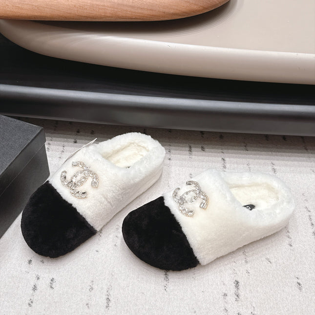 CHANEL 26S MULES IN BLACK AND WHITE SHEARLING WITH ROUND TOE
