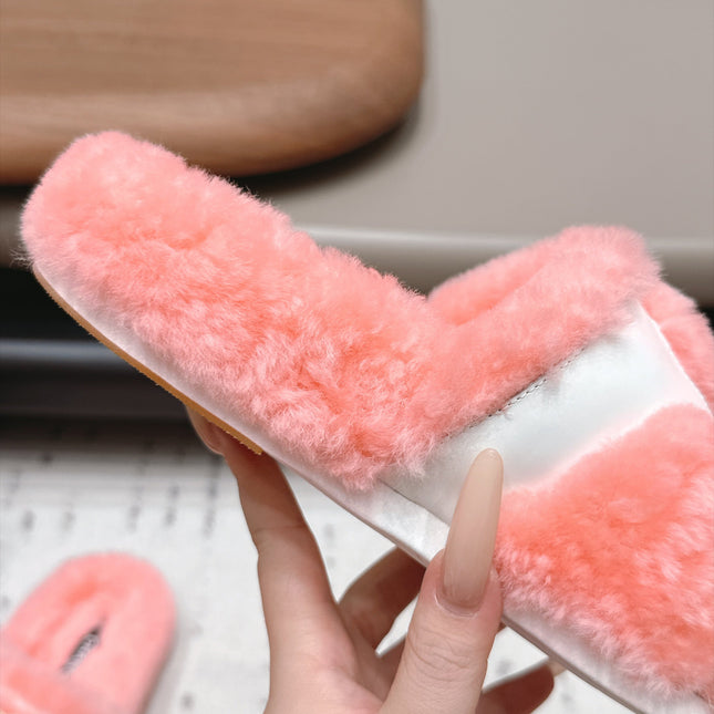 CHANEL 26S SLIDE SANDALS IN LIGHT PINK SHEARLING AND BLACK STRAP
