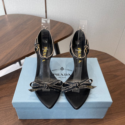 PRADA 26S HIGH HEEL SANDALS 85MM IN BLACK CALFSKIN WITH BOW