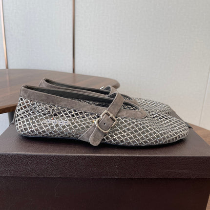 ALAIA 26S MESH FLATS IN BROWN GREY SUEDE RHINESTONE-EMBELLISHED