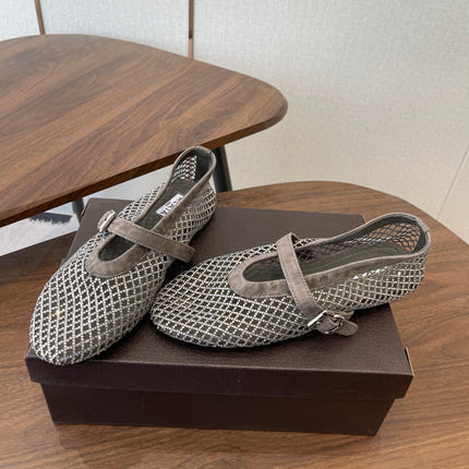 ALAIA 26S MESH FLATS IN BROWN GREY SUEDE RHINESTONE-EMBELLISHED