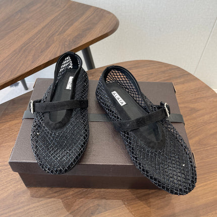 ALAIA 26S MESH FLATS IN BLACK SUEDE RHINESTONE-EMBELLISHED