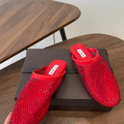 ALAIA 26S FLAT MULES IN RED SUEDE AND MESH RHINESTONE-EMBELLISHED