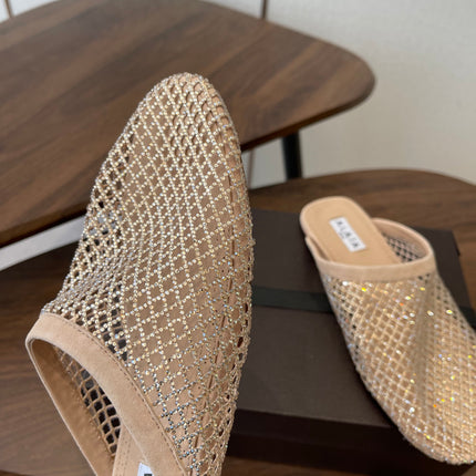 ALAIA 26S FLAT MULES IN BEIGE SUEDE AND MESH RHINESTONE-EMBELLISHED