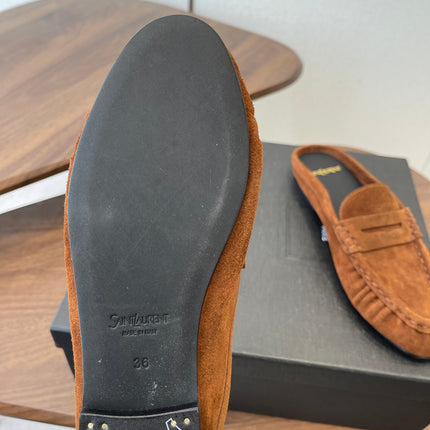 YSL 26S LOAFER MULES IN BURNT ORANGE BROWN SUEDE