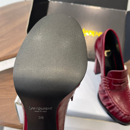 YSL 26S HEELED LOAFERS 100 MM IN DARK RED SHINY CALFSKIN