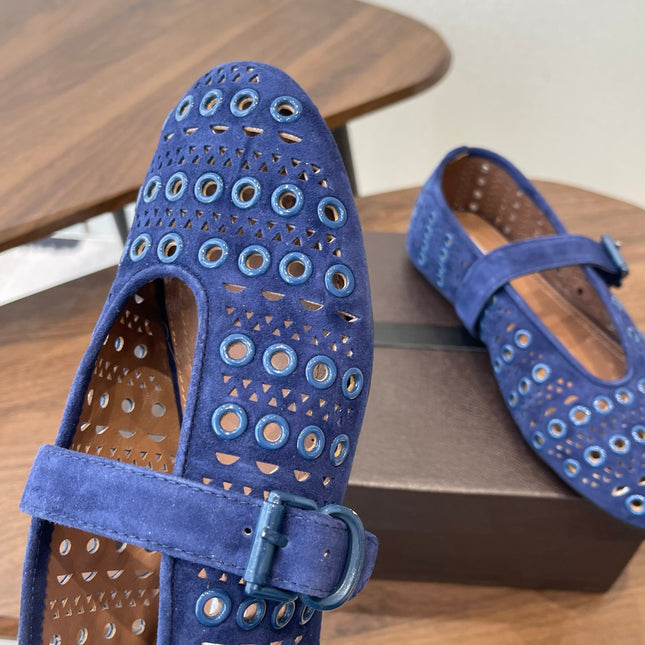 ALAIA 26S MARY JANE FLATS IN DARK BLUE SUEDE