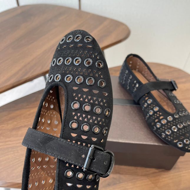 ALAIA 26S MARY JANE FLATS IN BLACK SUEDE