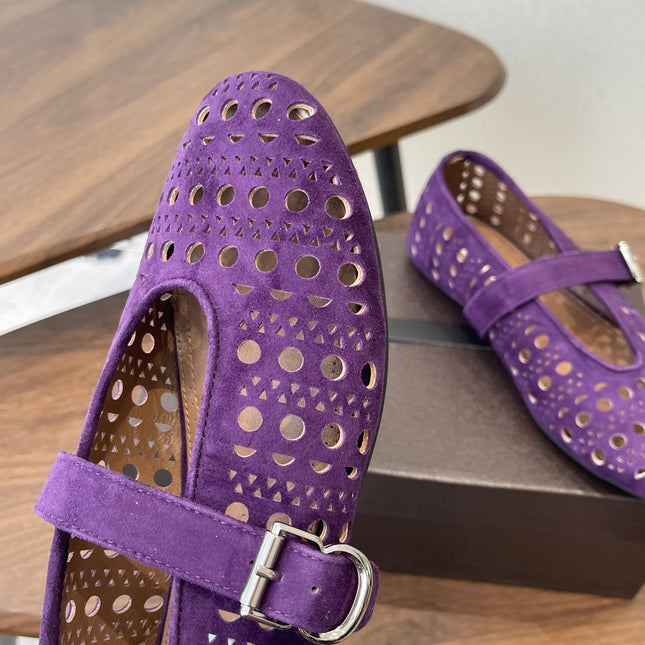 ALAIA 26S MARY JANE FLATS IN DARK PURPLE SUEDE