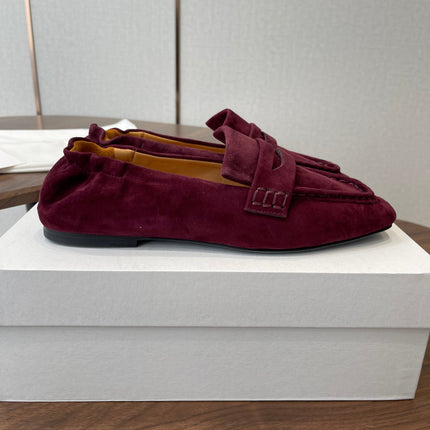 THE ROW 26S SQUARE TOE LOAFERS IN BURGUNDY RED SUEDE