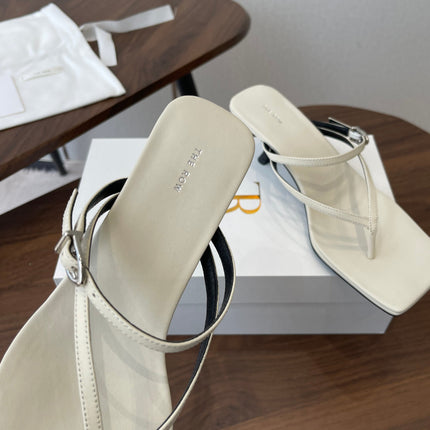 THE ROW 26S SQUARE TOE THONG HEELS IN IVORY WHITE CALFSKIN