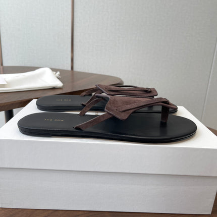 THE ROW 26S T STRAP THONG SANDALS IN CHOCOLATE BROWN SUEDE