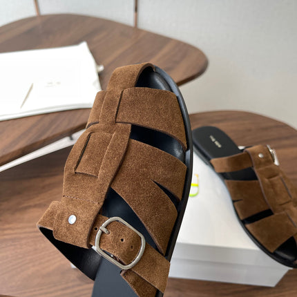 THE ROW 26S GLADIATOR SLIDE SANDALS IN BROWN SUEDE