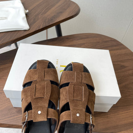 THE ROW 26S GLADIATOR SLIDE SANDALS IN BROWN SUEDE