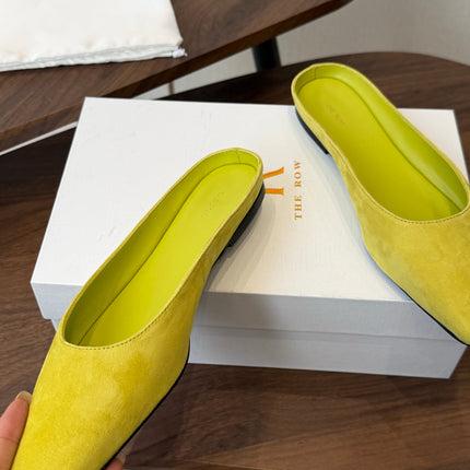 THE ROW 26S POINTED TOE MULES IN LIME GREEN SUEDE