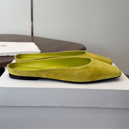 THE ROW 26S POINTED TOE MULES IN LIME GREEN SUEDE