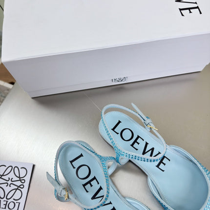 LOEWE 26S CRYSTAL-EMBELLISHED SLINGBACK FLAT PUMPS IN LIGHT BLUE CALFSKIN