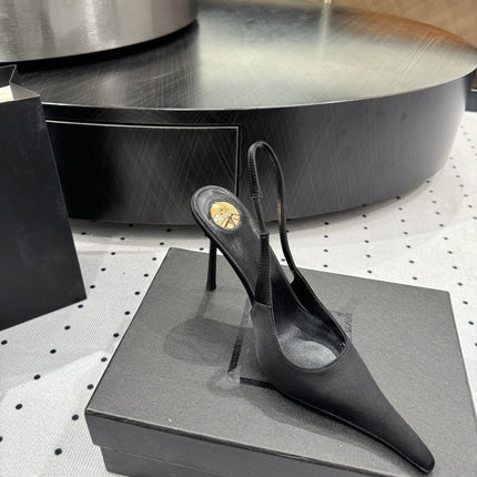 YSL 26S POINTED-TOE SLINGBACK HEELS 105 MM IN BLACK SATIN