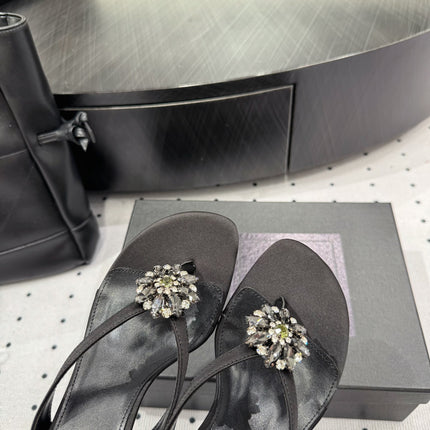 YSL 26S TOE-POST HIGH HEEL SANDALS 75 MM IN BLACK FABRIC