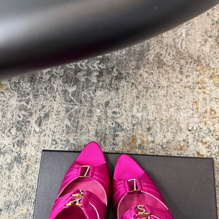 YSL 26S HEELED SANDALS 100 MM IN DARK PINK FABRIC