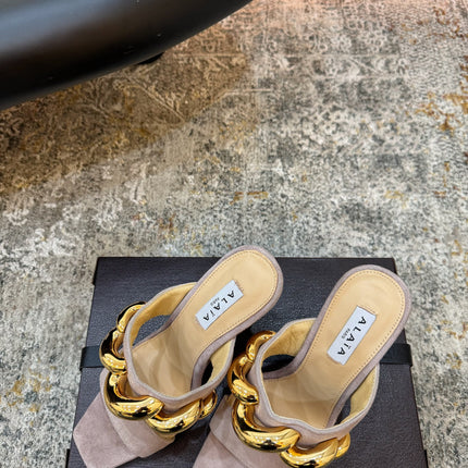 ALAIA 26S DOUBLE STRAP WEDGE SANDALS 110 MM IN BEIGE SUEDE WITH GOLD HARDWARE