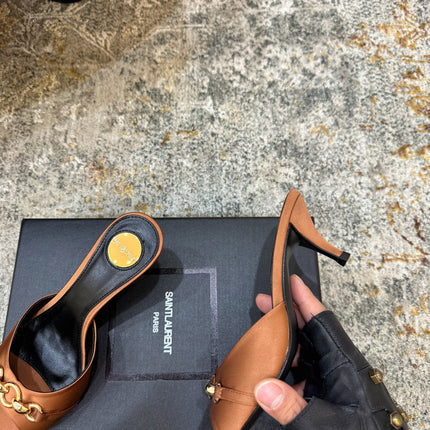 YSL 26S POINTED TOE HIGH HEEL SANDALS 65 MM IN BROWN FABRIC