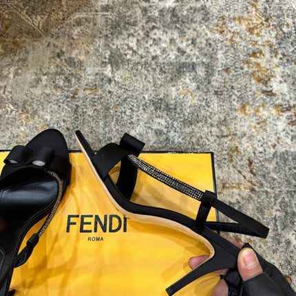 FENDI 26S HIGH-HEELED SANDALS 75 MM IN BLACK SATIN