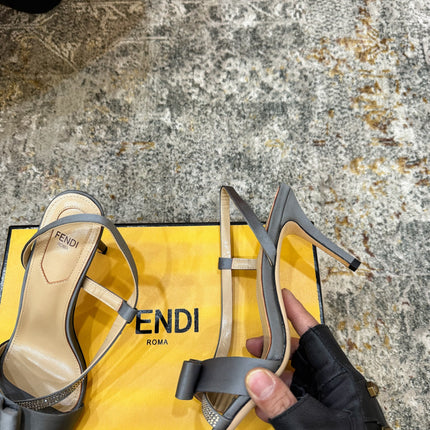 FENDI 26S HIGH-HEELED SANDALS 75 MM IN GREY SATIN