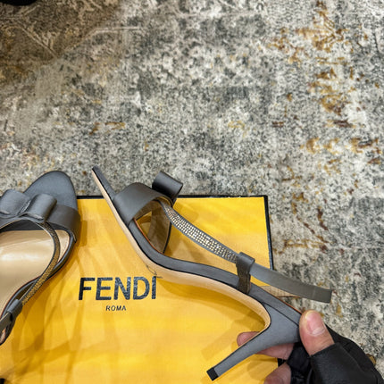 FENDI 26S HIGH-HEELED SANDALS 75 MM IN GREY SATIN