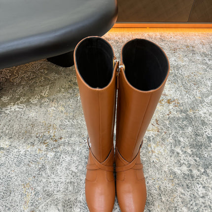 HM 26S FLAT KNEE-HIGH BOOTS IN COGNAC BROWN CALFSKIN 