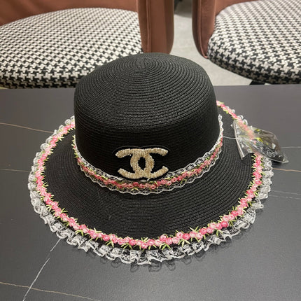 CHANEL 26S LACE & FLORAL TRIM STRAW HAT 337938