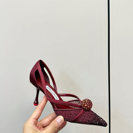 JIMMY CHOO 26S POINTED-TOE HIGH HEELS IN DARK RED CRYSTAL EMBELLISHMENT